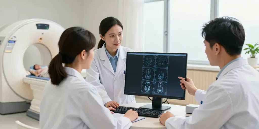 Moderne Radiologie Wolfsburg mit Ärzten, die Bilder analysieren.