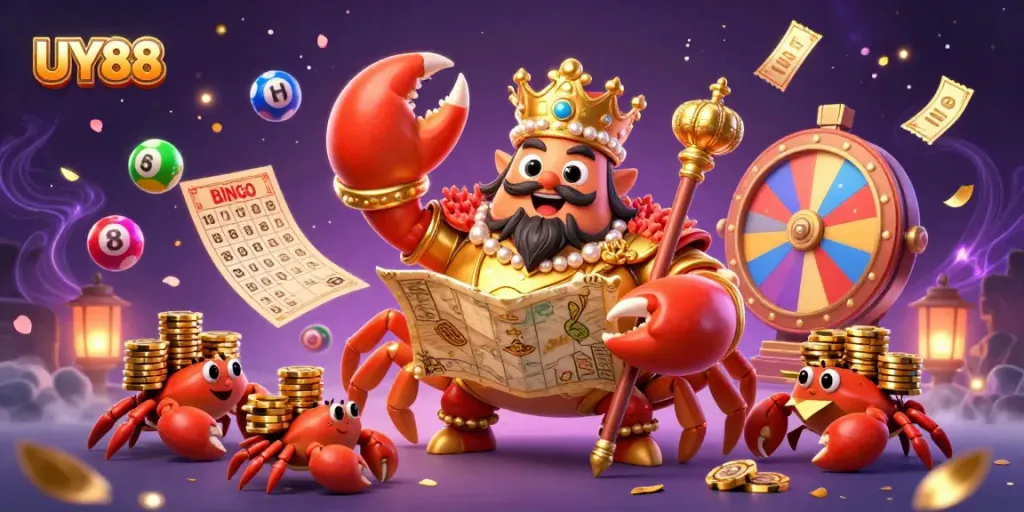Experience dynamic gaming action with UY88's colorful lottery elements and a regal crab theme.