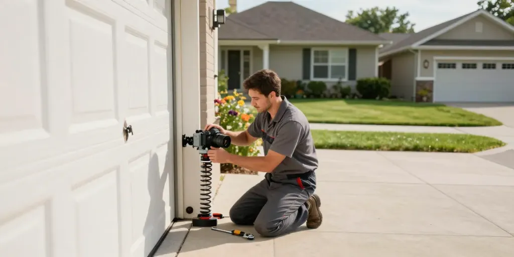 Technician performing garage door fixing with tools in sunny suburb.