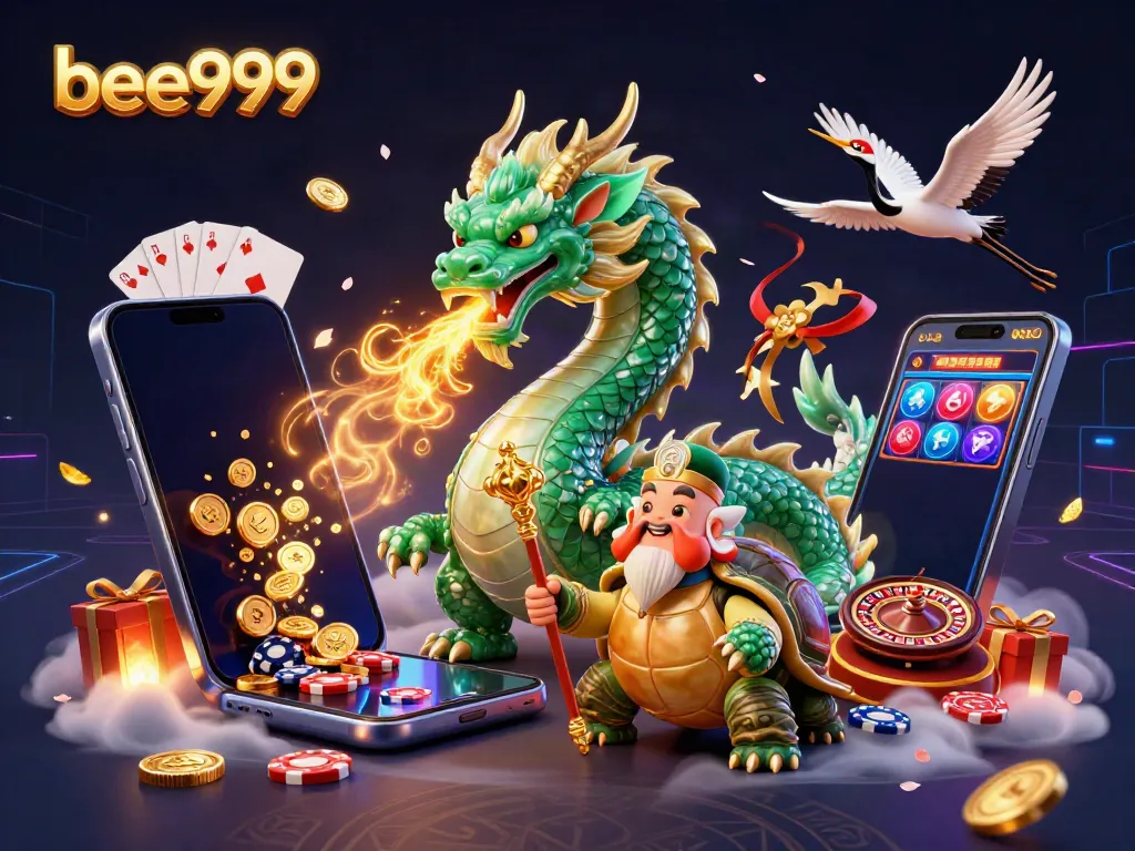 Engage with bee999’s dynamic online gaming world featuring a jade dragon and lucky cranes.
