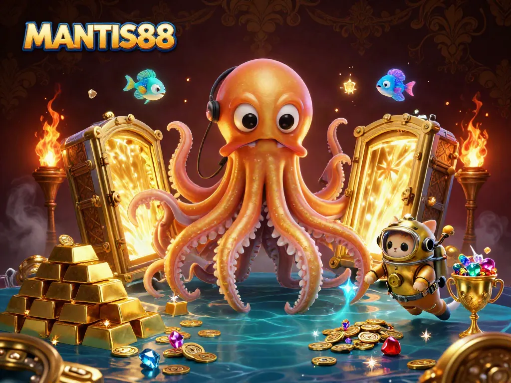 MANTIS88 players enjoy jackpot wins with a lively kraken and diving cat amidst treasures.