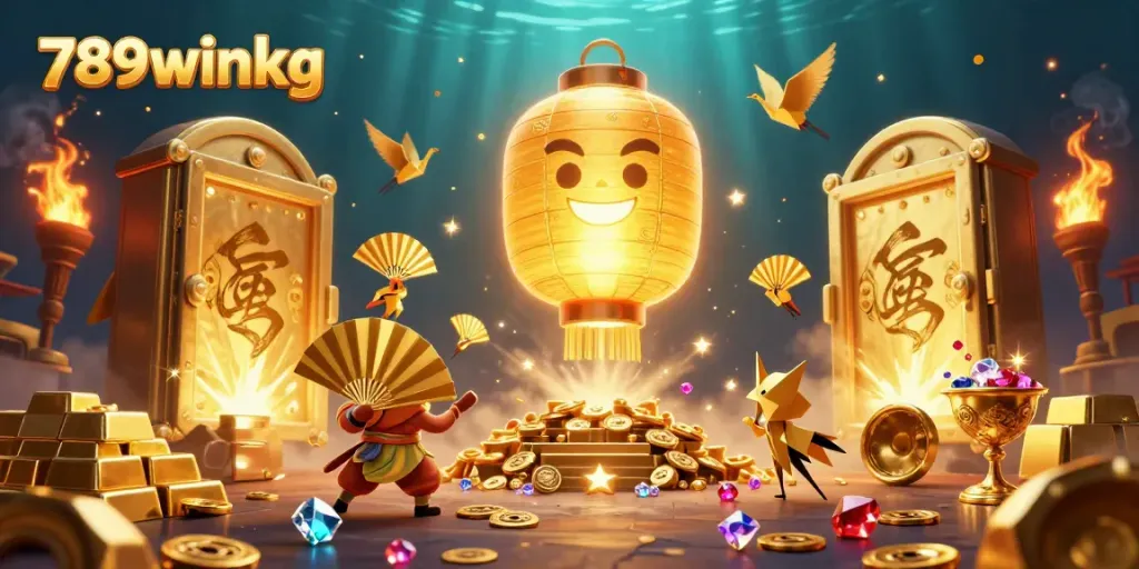 Experience thrilling wins at 789winkg with a vibrant casino-themed illustration full of treasure.