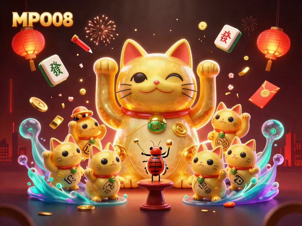 Experience MPO08's colorful casino world filled with festive symbols and a lucky cat.