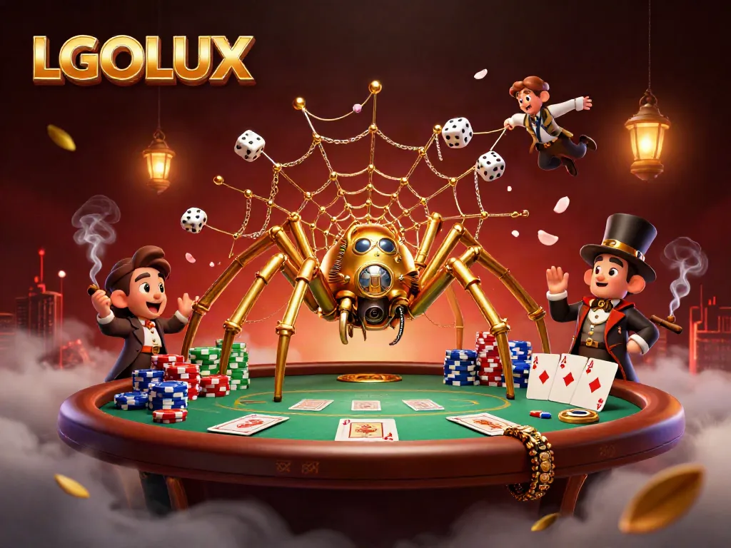 Engage in thrilling gameplay at LGOLUX, where a steampunk spider catches dice in a web of fun.
