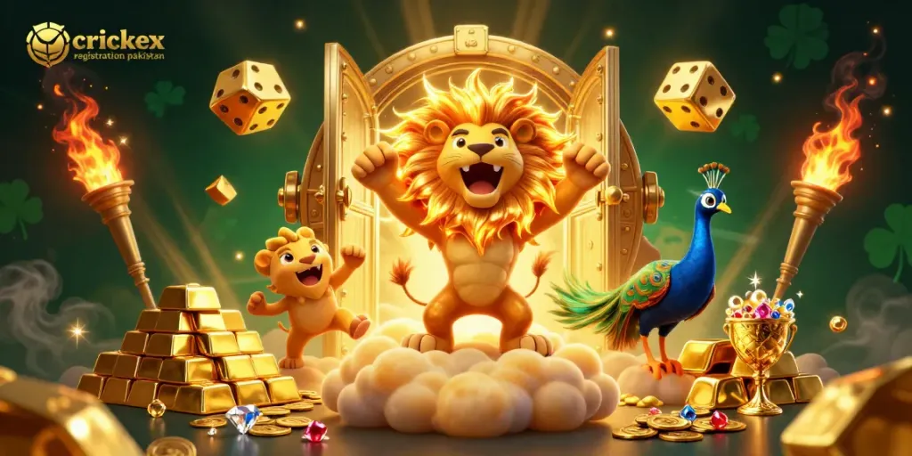 Engage with crickex registration pakistan while enjoying a colorful 3D casino scene featuring a majestic lion and sparkling treasures.