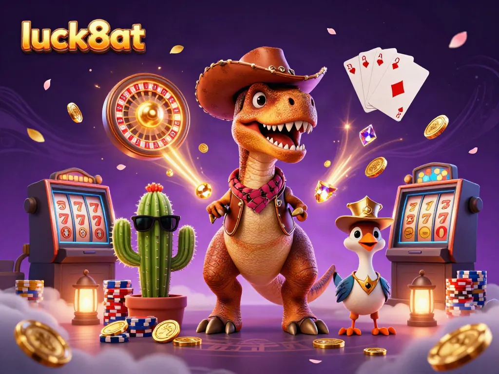 Experience thrilling wins with luck8at's dynamic casino scene featuring a T-Rex and gold coins.