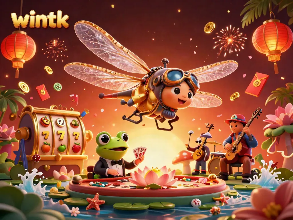 Engage in thrilling slot action at wintk with an energetic casino scene featuring unique 3D characters.