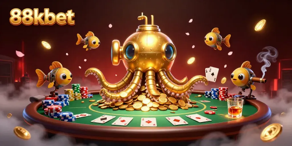 Engage with 88kbet through an immersive 3D scene featuring a golden kraken and poker elements.
