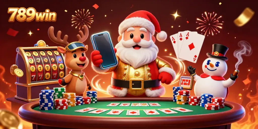 Experience jackpots at 789win with Santa, reindeer, and poker chips in a vibrant casino setting.