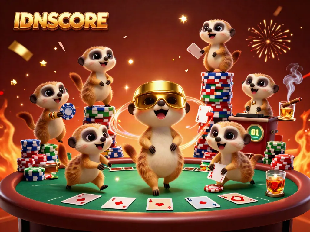 IDNSCORE meerkats casino illustration showcasing lively characters at a poker table amidst vibrant celebration.