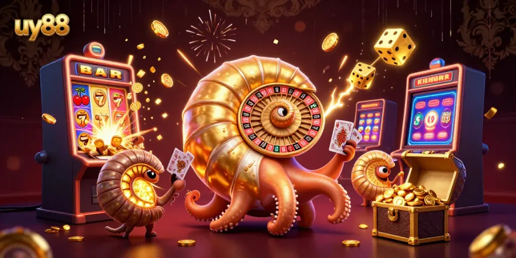 Experience the excitement of uy88 with a 3D illustration of a giant nautilus casino scene featuring dynamic gaming elements.