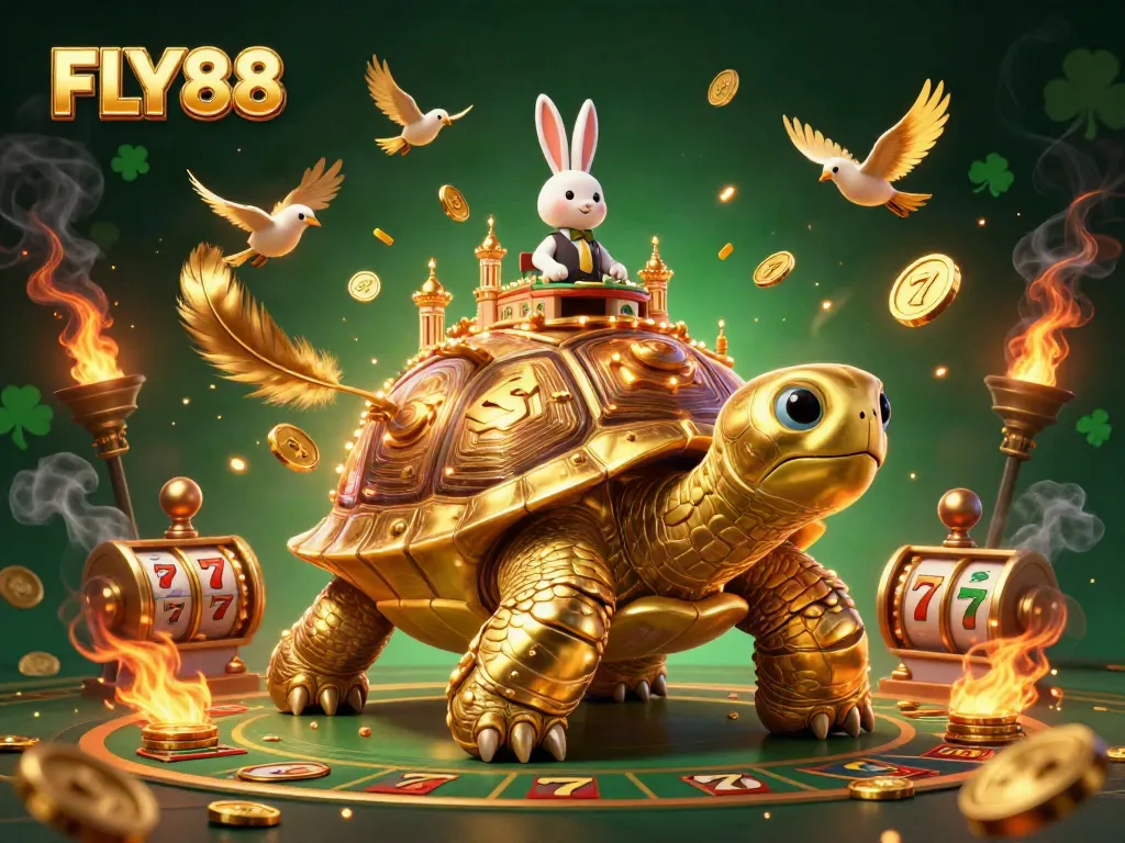 Experience FLY88's vibrant casino atmosphere with golden tortoise, slot reels, and animated coins.