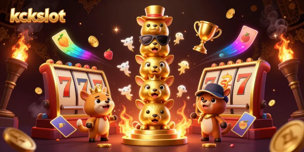 Gambarlah kckslot pada ilustrasi kasino dengan totem emas dan simbol slot berkilau.
