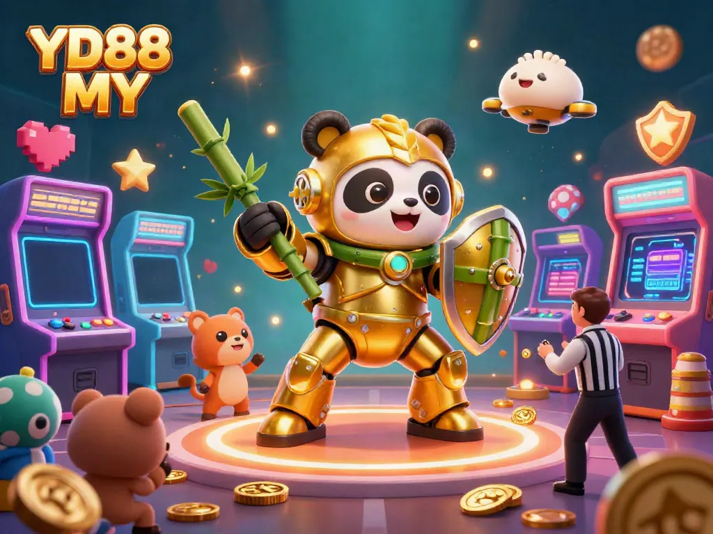 Experience thrilling gameplay with YD88 MY featuring a golden panda mech in a vibrant casino arena.
