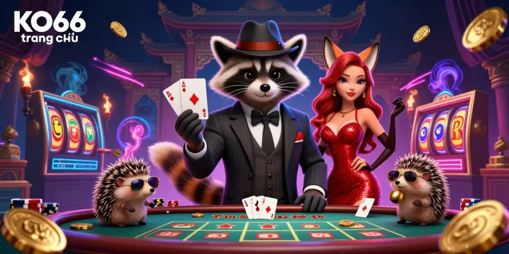 An exciting 3D illustration showcasing the KO66 trang chủ gaming experience with a gentleman raccoon holding a royal flush surrounded by vibrant casino elements.
