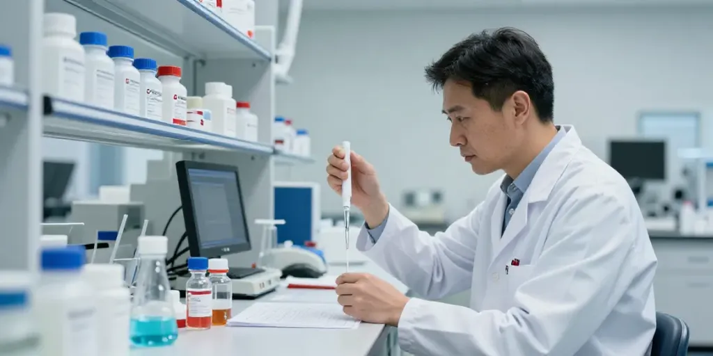 Scientist examining Swiss Chem peptides in a modern lab setting.