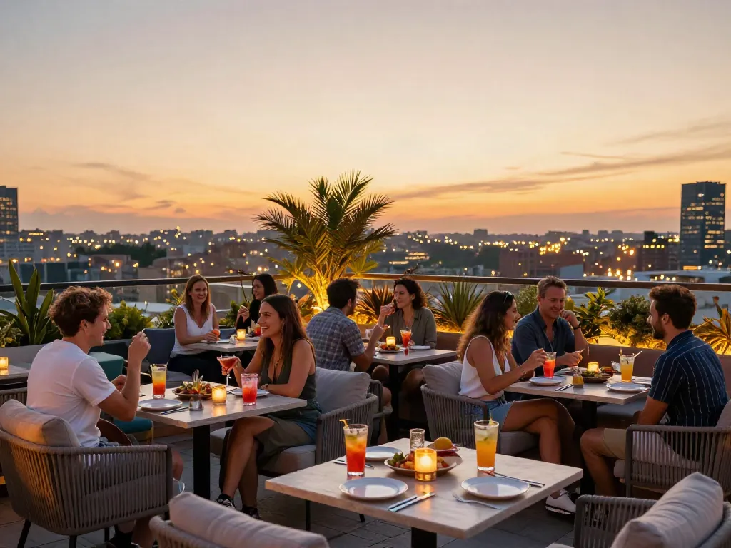 NoHu rooftop bar bustling with guests enjoying cocktails and sunset views.