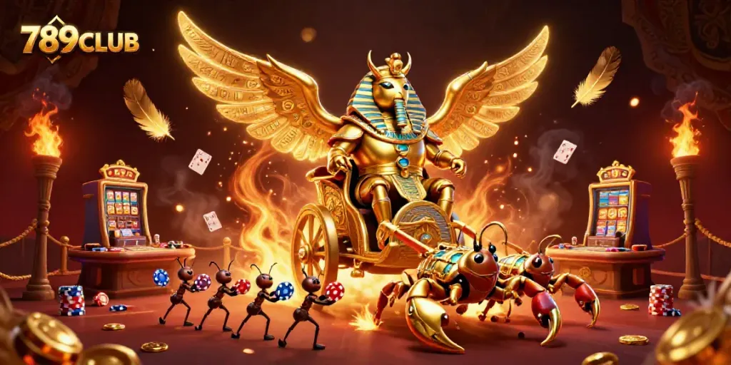 Join the excitement at 789CLUB, where the colossal scarab beetle and gaming elements create a thrilling casino atmosphere.