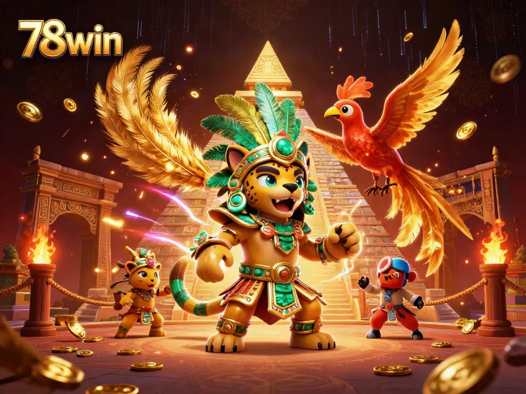 Experience the thrill of 78win with dynamic casino elements and vibrant characters in a 3D illustration.