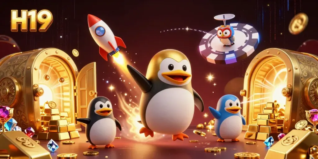 Experience H19's golden gambling adventure with a penguin and treasure in 3D.