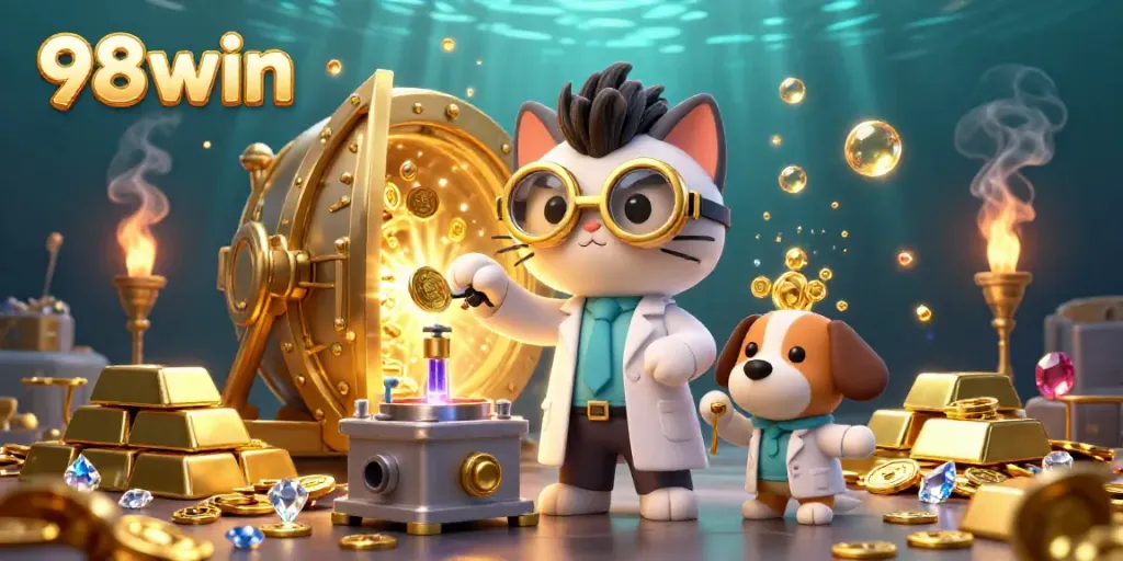 A playful 3D cartoon scene showcases the 98win universe, featuring a mad scientist cat and a loyal dog amidst gold coins and treasures.