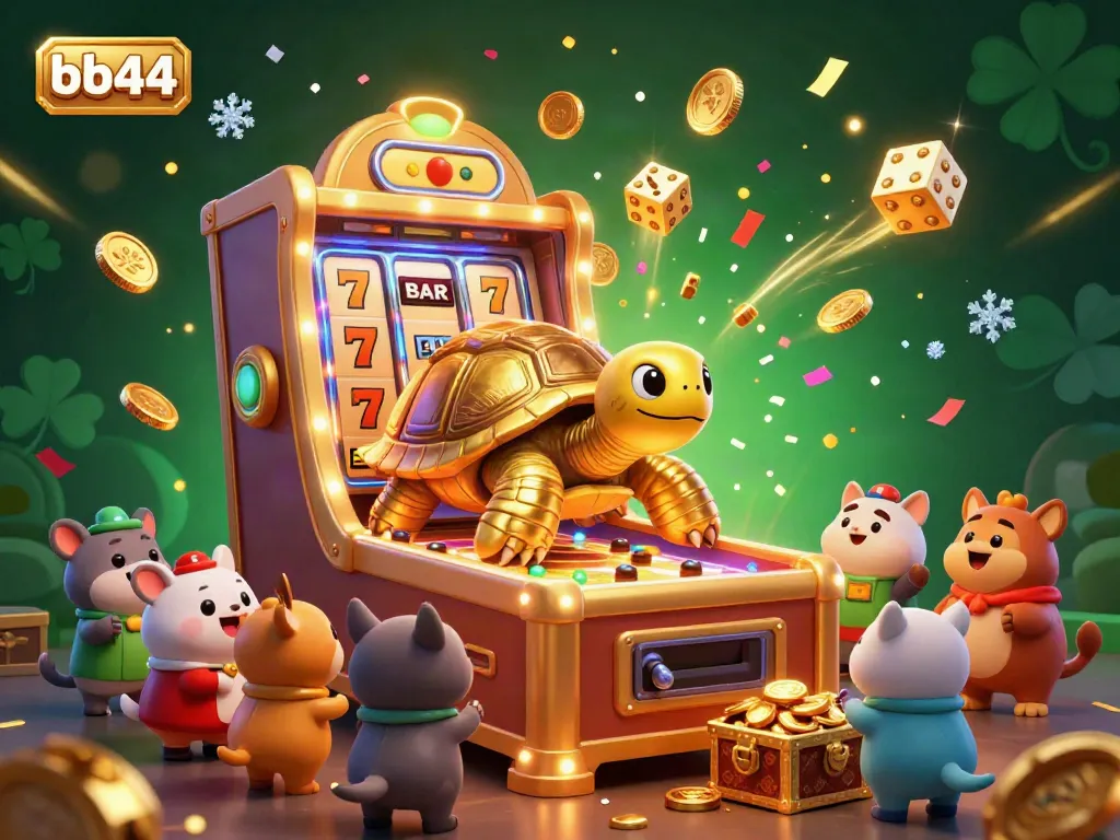 bb44 interactive casino gaming featuring a colossal golden tortoise pinball, coins exploding from a slot machine.
