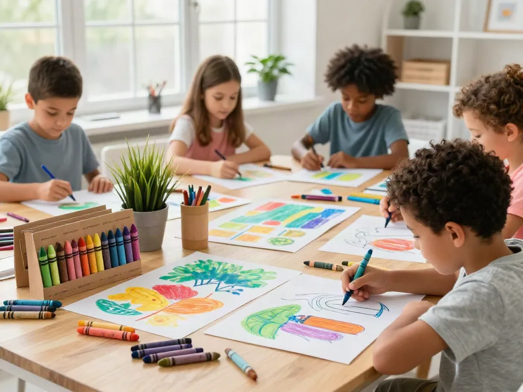 Creative children using various crayon manufacturers’ products in a colorful art studio.