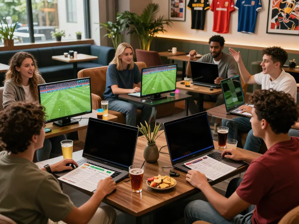 Friends enjoying sports betting on WWBOLA in a lively lounge