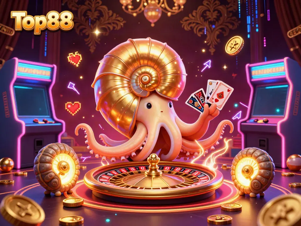 Engage with Top88 casino games in a vibrant scene featuring a giant nautilus roulette wheel and glowing game elements.
