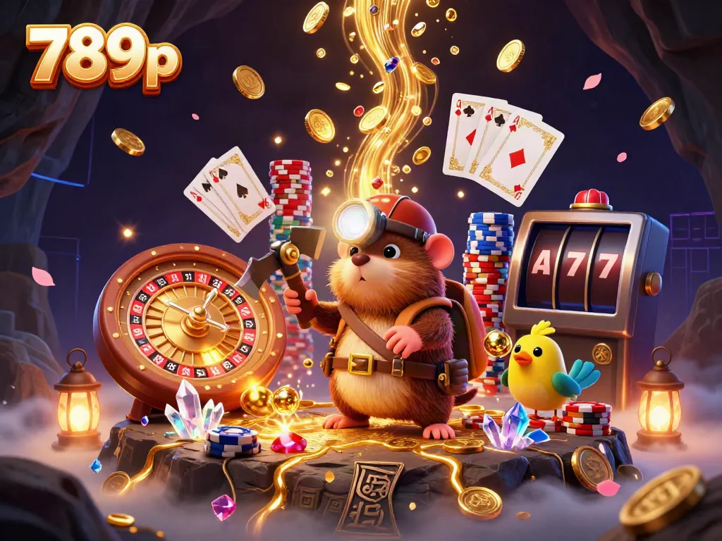 Experience the thrill of winning at 789p with a treasure hunter mole surrounded by cascading coins and gems.