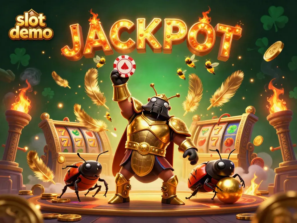 Experience thrilling slot demo action with a cartoon beetle champion lifting a poker chip in victory.