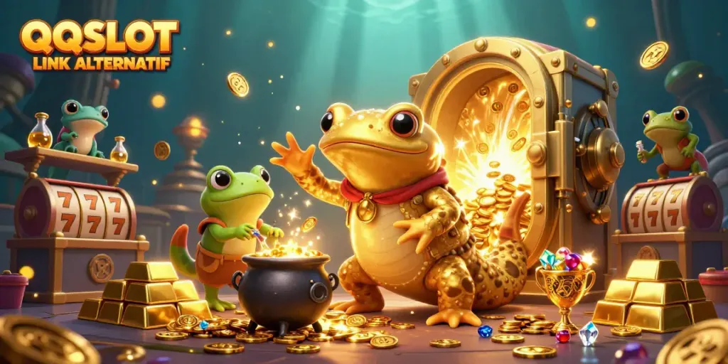 Experience thrilling gameplay in QQSLOT LINK ALTERNATIF with vibrant golden characters and treasures.