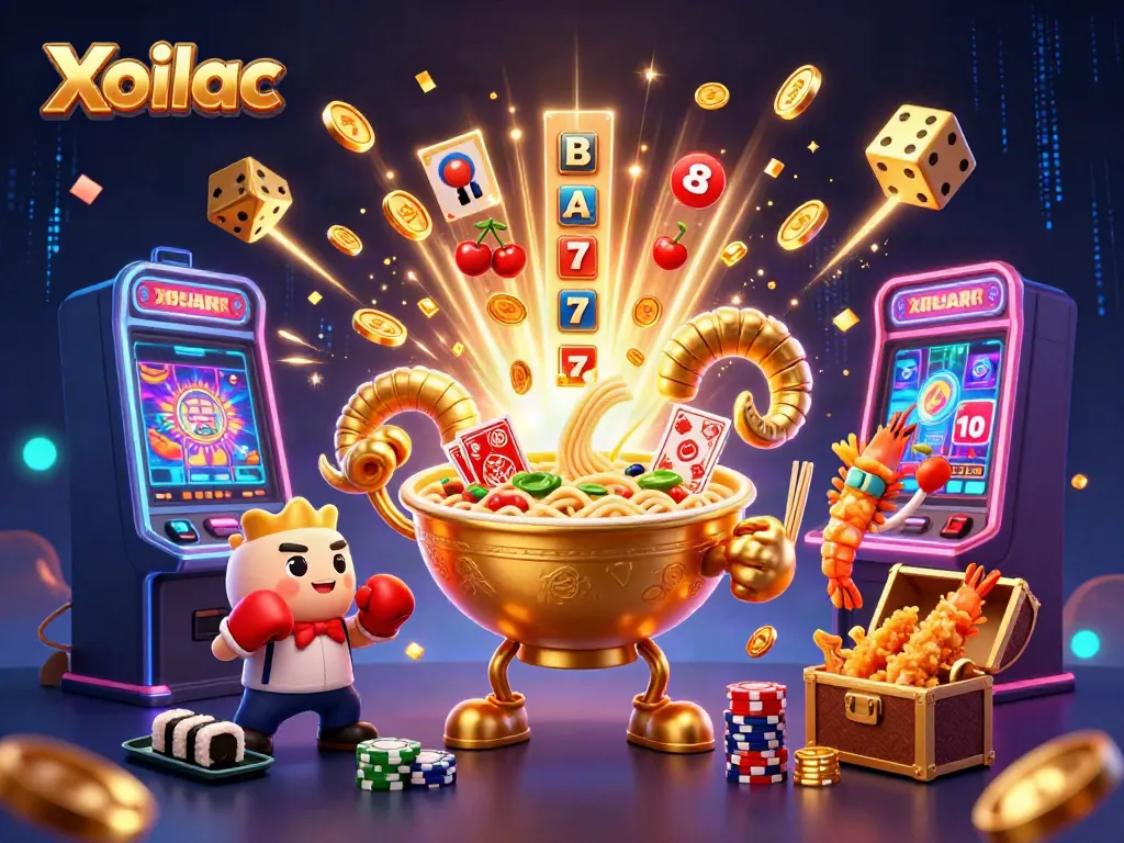 Xoilac's golden ramen bowl and dynamic casino elements create an exciting gaming atmosphere.