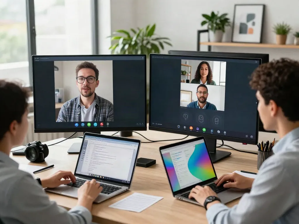 Deepfake protected Online Video Calls, Meetings and Conferencing featuring a diverse team engaged in a secure video call with technology integration.