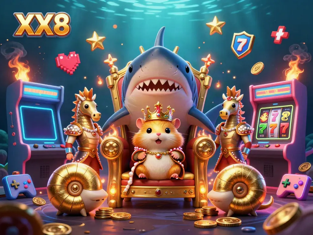 Engage with the dazzling XX8-themed illustration featuring a golden hamster king ruling a gaming realm.